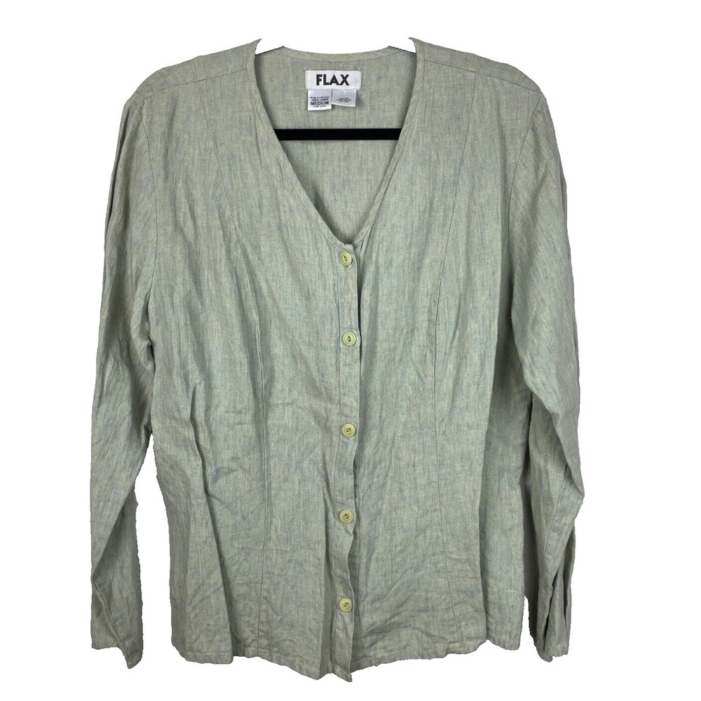 Flax Top Medium‎ Green button up cinch waist lagenlook shirt minimalist blouse